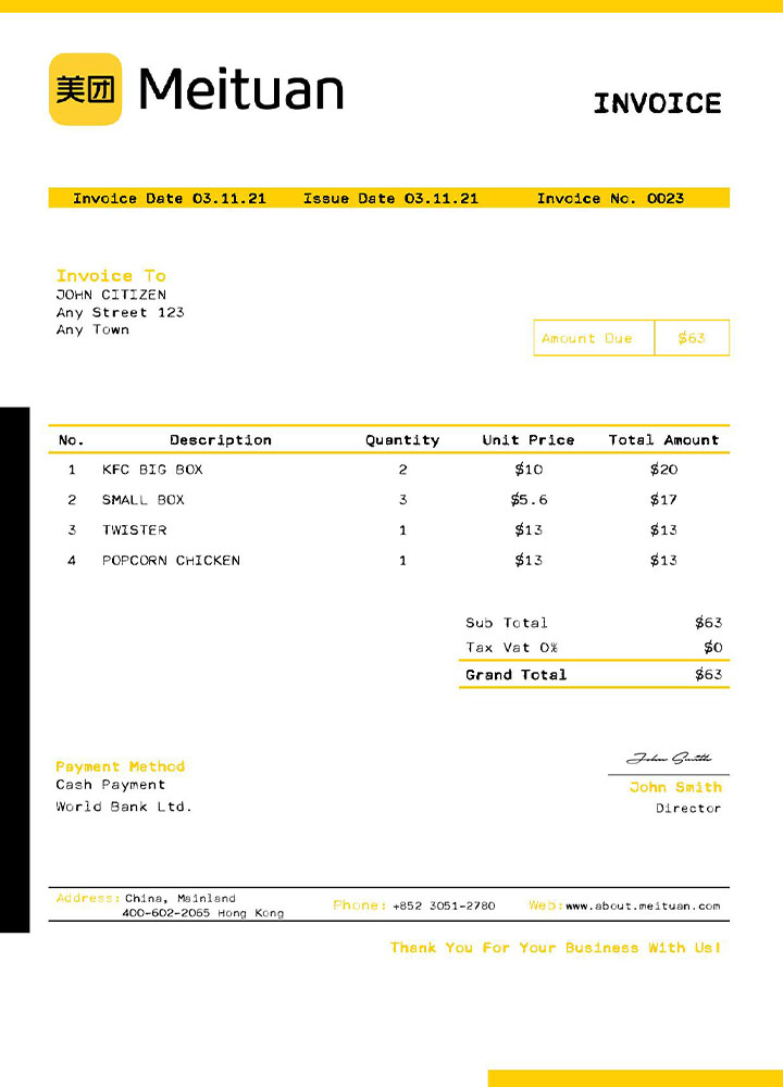 USA Meituan invoice template PSD template